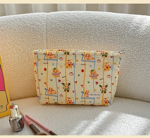 Detailed view of cartoon printed makeup bag with rabbit and bear patterns on soft fleece