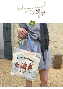 Close-up of cute cartoon Capybara print on a blue plaid canvas tote bag with handle