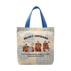 Cute Capybara canvas tote bag with blue handles and sweet cartoon graphic print