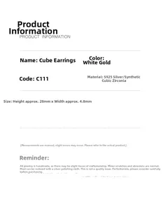 Specifications for S925 sterling silver geometric cube earrings with CZ stones in white gold