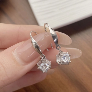 S925 sterling silver geometric cube earrings with round cubic zirconia in hook style