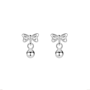 Elegant S999 sterling silver bow knot earrings with polished round bead pendants for women