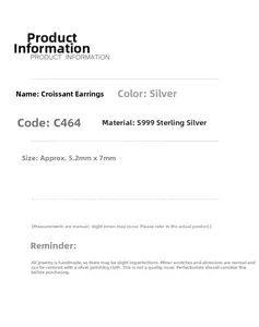 Detailed specifications for S999 sterling silver croissant stud earrings measuring 5.2x7mm