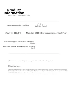 Detailed specs of adjustable S925 silver aquamarine and pearl ring with size info