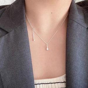 925 Sterling Silver Necklace Minimalist Matte Waterdrop Pendant Asymmetrical Double Drop Sandblasted Jewelry For Women Daily Office Wear Gift