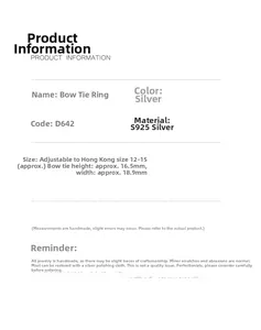 Size chart showing S925 silver bow ring dimensions and adjustable 12-15 port size info