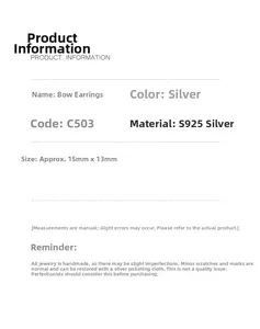 Detailed sizing chart for S925 sterling silver bow stud earrings measuring 15mm by 13mm