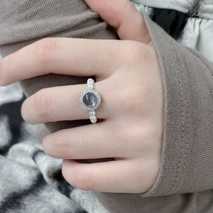 S925 Sterling Silver Aquamarine Artificial Pearl Ring Vintage Elegant Blue Crystal Round Bead Elastic Finger Ring For Women Party Jewelry