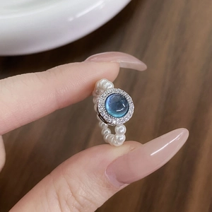 S925 silver aquamarine and pearl adjustable ring with a blue gemstone and pavé stones