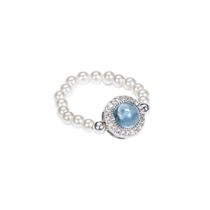 S925 silver beaded pearl ring with aquamarine blue stone and shimmering crystal halo