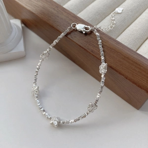 S925 sterling silver butterfly bracelet with crushed silver beads and heart pendant charm