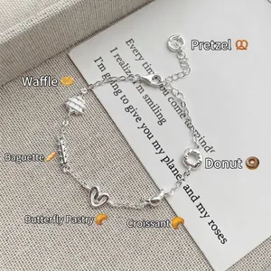 925 Sterling Silver Bakery Charm Bracelet For Women Dainty Pretzel Croissant Donut Waffle Sweet Food Polished Jewelry Gift