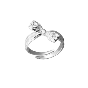 Adjustable S925 sterling silver bow ring with textured fabric-like finish for women