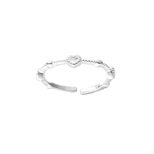 Minimalist S925 sterling silver open heart ring with delicate beads and adjustable band
