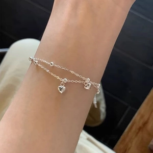 S925 Sterling Silver Double Layer Heart Bracelet For Women Minimalist Dainty Polished Heart Pendant Link Chain Jewelry Gift