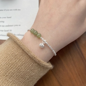 S925 sterling silver bracelet with green lotus seedpod charm and jade beads