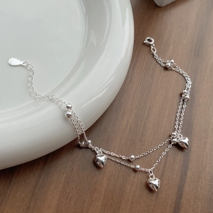 Elegant S925 sterling silver double-layer heart bracelet with lobster clasp and adjustable chain