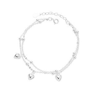 Double-layered S925 sterling silver heart bracelet with polished charms and beads