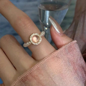 Elegant S925 Sterling Silver Beaded Ring White Imitation Artificial Pearl Pink Zirconia Gold Plated Elastic Band Jewelry For Women