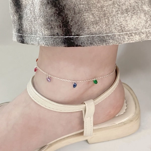 Bracelet de cheville en argent S925 avec zircons colorés en forme de goutte d'eau
