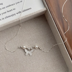 Elegant S925 Sterling Silver Butterfly Pendant Necklace With Shell Artificial Pearl Minimalist Clavicle Chain For Women Fashion Jewelry