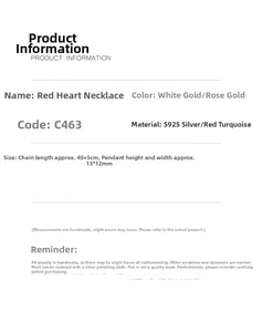 Spécifications du collier cœur rouge en argent S925 avec détails des matériaux