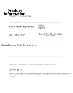 Detailed spec sheet for S925 sterling silver heart ring with CZ stones and adjustable band