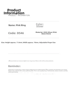 Detailed spec sheet for S925 silver pink oval ring featuring adjustable size dimensions