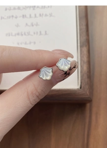 Macro view of shell earrings in S925 sterling silver with iridescent pearl luster finish