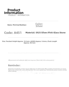 Detailed size specifications for S925 silver necklace with pink oval glass stone pendant