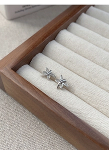 Macro shot of silver dragonfly stud earrings with shimmering zircon wings on wooden box