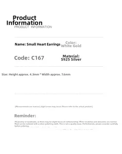 Detailed size specifications for small S925 silver heart stud earrings in white gold