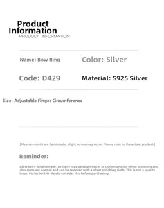 Detail specifications for S925 silver bowknot ring with adjustable open band design