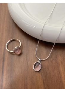 Detail of S925 silver set featuring oval pink stones with a necklace and adjustable ring