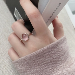 Elegant 925 Sterling Silver Ring With Pink Glass Stone Oval Cabochon Adjustable Niche Design Sweet Jewelry For Women Gift