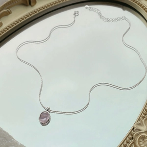 S925 Sterling Silver Pink Oval Gemstone Pendant Necklace Minimalist Light Luxury Clavicle Chain Jewelry For Women Gift
