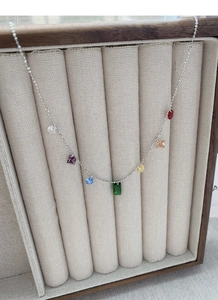 Detailed view of S925 silver necklace with multi-colored zircons on display stand