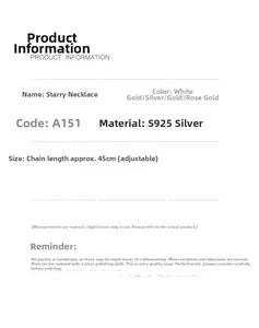 Detailed size chart for S925 sterling silver star necklace with 45cm adjustable chain