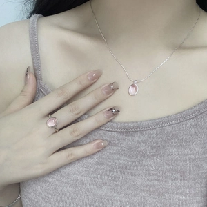 S925 sterling silver necklace and ring set with oval pink crystals on model