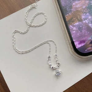 S925 sterling silver beaded necklace with diamond-cut metal blocks and zircon pendant
