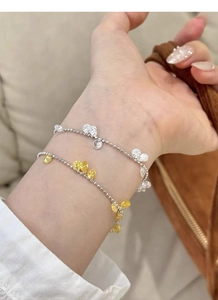 Detail of layered S925 silver beaded bracelets featuring yellow and white heart crystals
