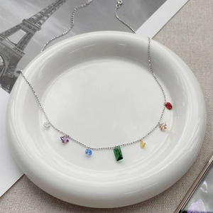 S925 Sterling Silver Colorful Cubic Zirconia Rainbow Necklace Multicolored Geometric Pendants Bead Chain Fashion Jewelry Women