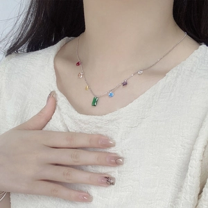 S925 sterling silver rainbow necklace with colorful zircon pendants on a model