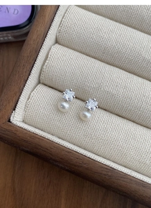 Detail view of S925 silver stud earrings with square zircon and white freshwater pearl