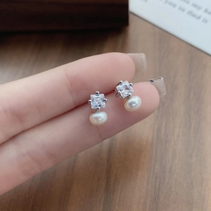 Elegant S925 sterling silver stud earrings with square zircon and freshwater pearl accents