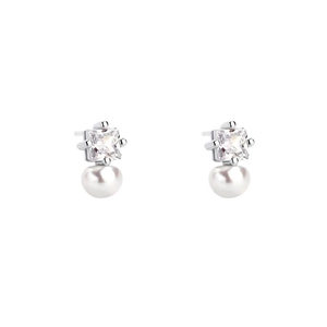 Elegant S925 sterling silver stud earrings featuring square zircon and white freshwater pearl