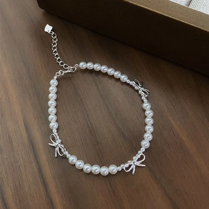 Bracelet en Künstliche Perles Nœud Papillon en Argent Sterling 925 pour Femmes Bracelet à Maillons Réglable Doux Bijoux de Luxe Élégants