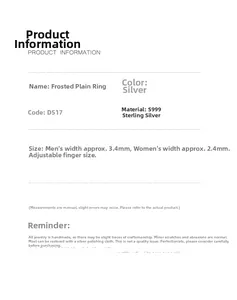 Spécifications de taille pour les bagues de couple réglables en argent sterling S999 mat