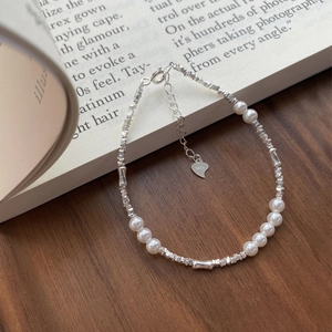 S925 Sterling Silver Shell Artificial Pearl Bracelet For Women French Retro Broken Silver Heart Pendant Beaded Simple Jewelry