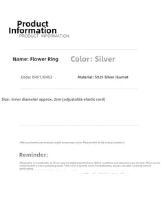 Detailed size specifications for the S925 silver garnet flower ring with elastic cord